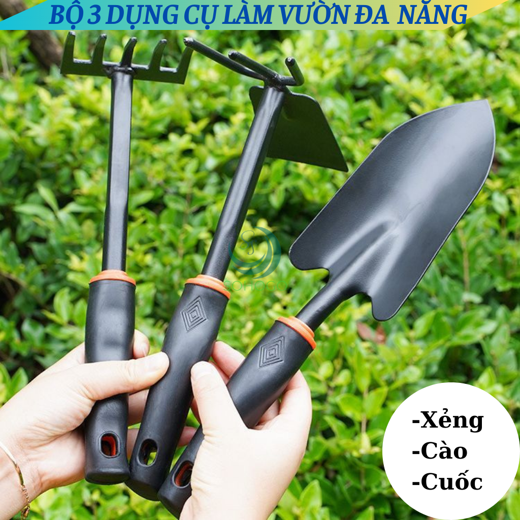 Bộ 3 Món Dụng Cụ Làm Vườn To (Xẻng Làm Vườn - Xới Đất - Cào Đất) Đa Năng-Bộ Dụng Cụ Làm Vườn 3 Món Bằng Thép Sơn Tĩnh Điện, Tay Cầm Cao Su Chống Trượt, Tiện Dụng