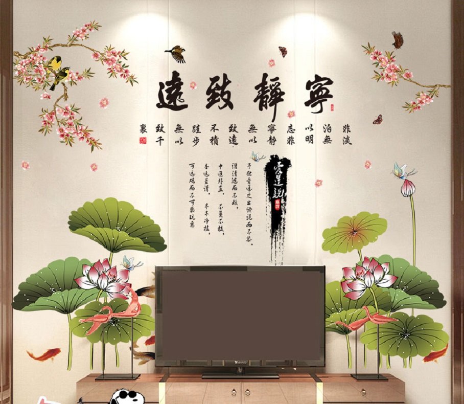 Decal dán tường phong cảnh nghệ thuật hồ sen cành đào chim yến hỷ