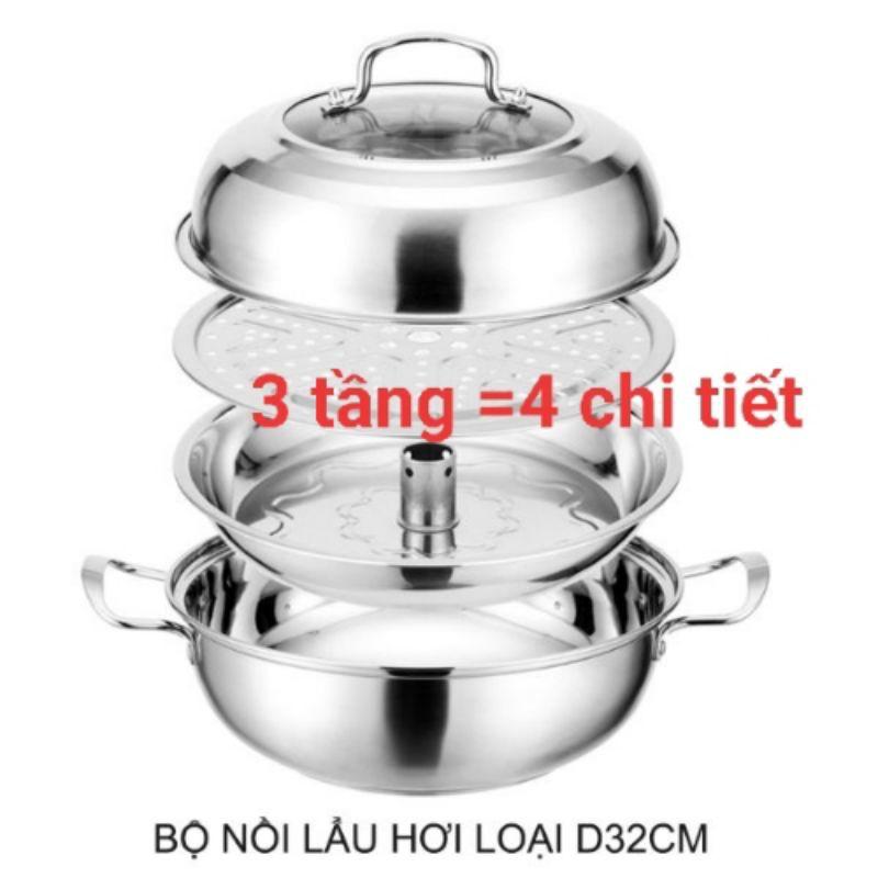 Bộ nồi lẩu hơi bằng inox 3 đáy từ loại 2 tầng, 3 tầng dùng được tất cả các loại bếp