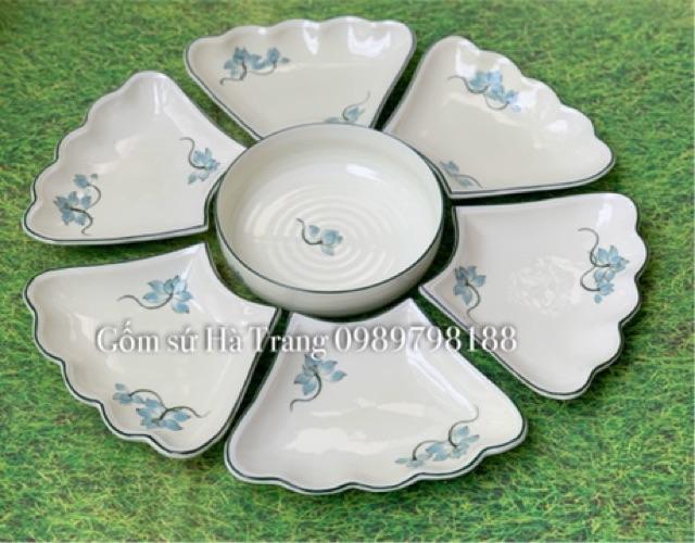 Set đĩa hoa mặt trời gốm sứ Bát Tràng vẽ hoạ tiết hoa sen