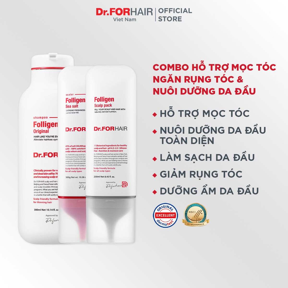 Bộ gội xả dưỡng tóc sạch gàu giảm rụng và suôn mượt tóc Dr.FORHAIR Folligen Plus 500ml x Scalp Pack 250ml x Sea Salt 300g