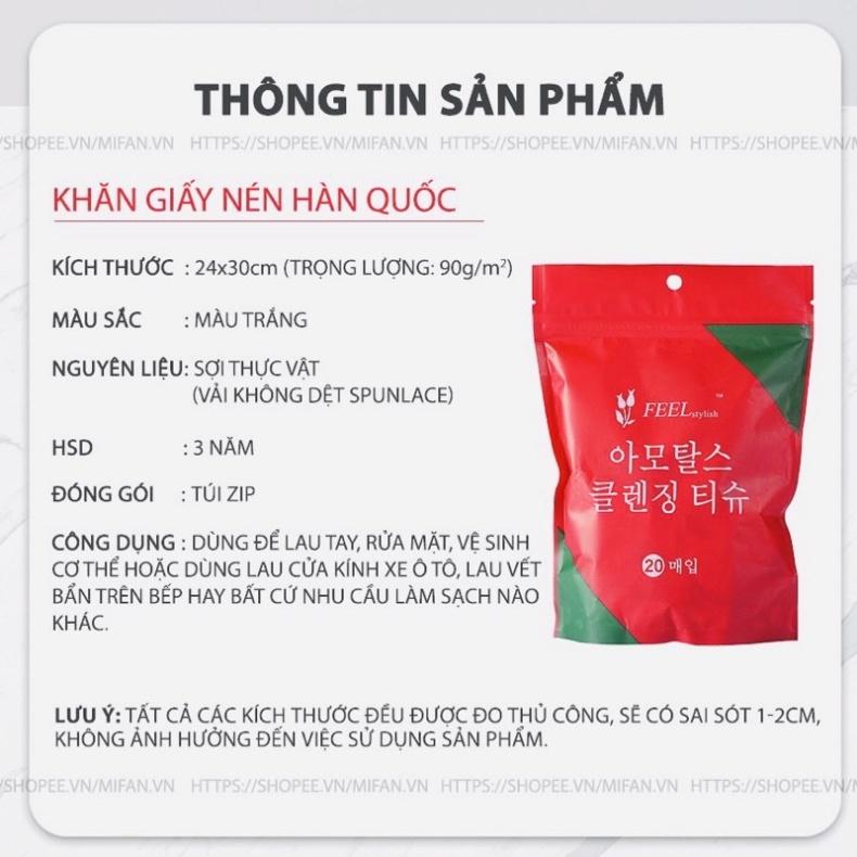 Túi 20 Khăn Giấy Nén Đa Năng Hàn Quốc Siêu Thấm Hút Khăn Lau Mặt Dùng 1 Lần Bông Cotton Tự Nhiên
