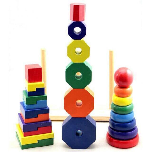 Tháp thả hình khối 3 cọc bằng gỗ montessori đồ chơi thông minh cho bé rèn luyện tư duy trí tuệ