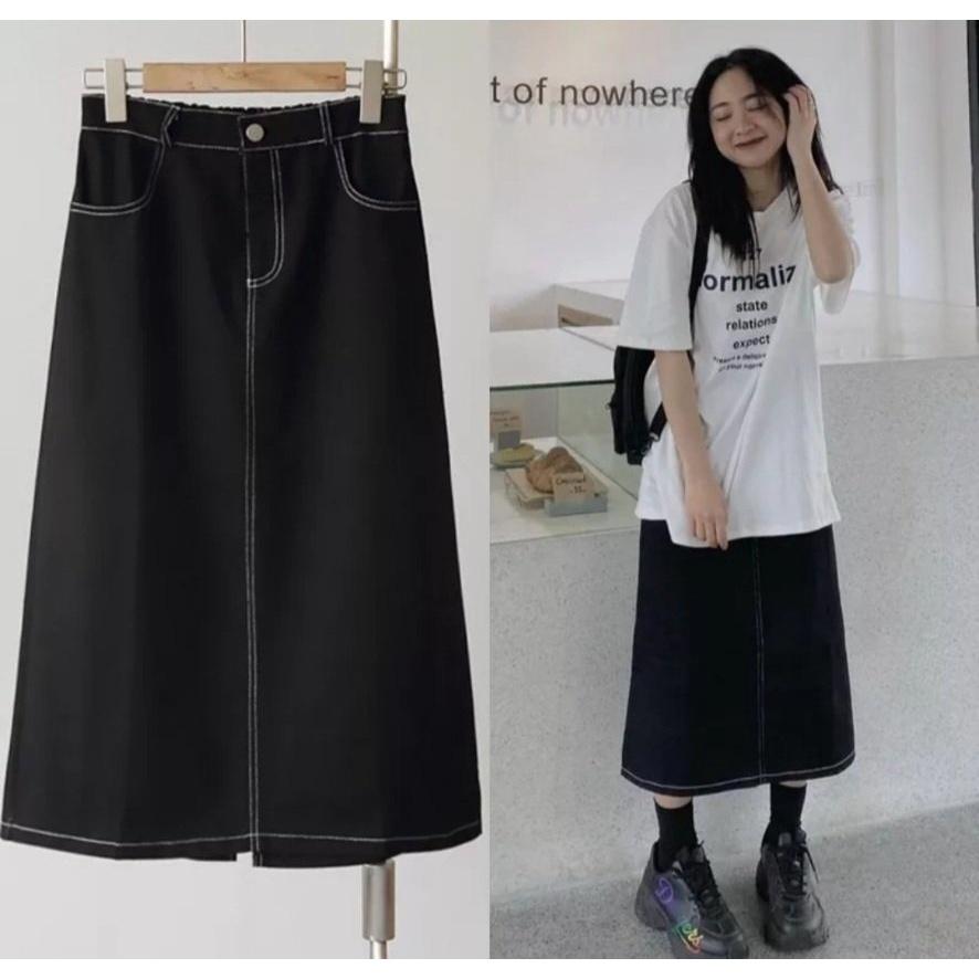 chân váy midi viền chỉ nổi giả jean khuy trước chun sau xẻ tà cực xinh thời trang Banamo fashion váy chỉ nổi 5343