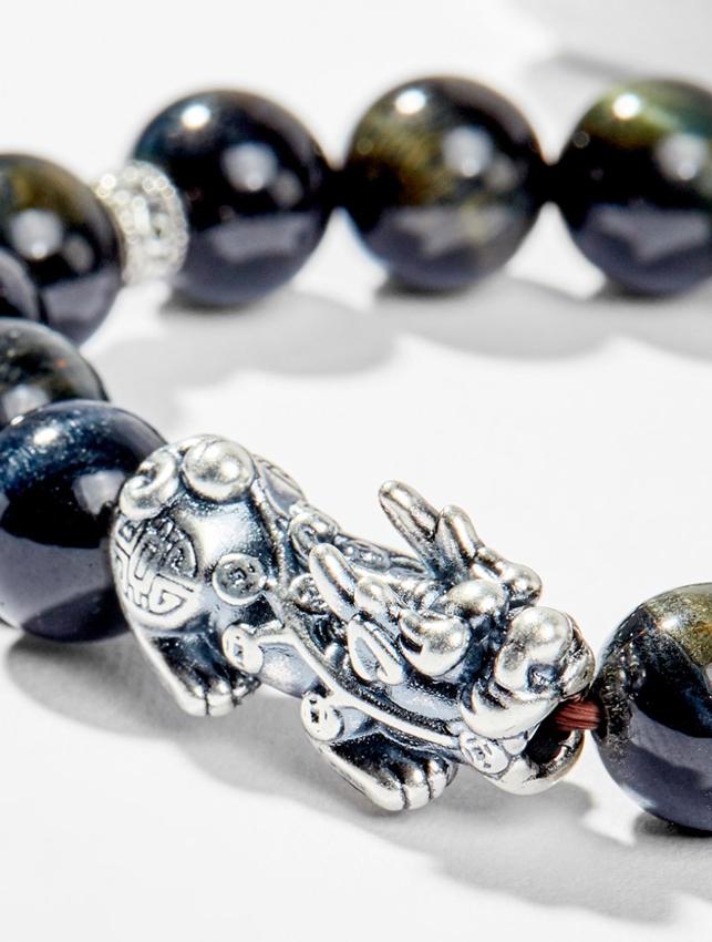 Vòng Tay Phong Thủy Đá Mắt Hổ Xanh Đen Phối Charm Tỳ Hưu Bạc Mệnh Thủy, Mộc Ngọc Quý Gemstones