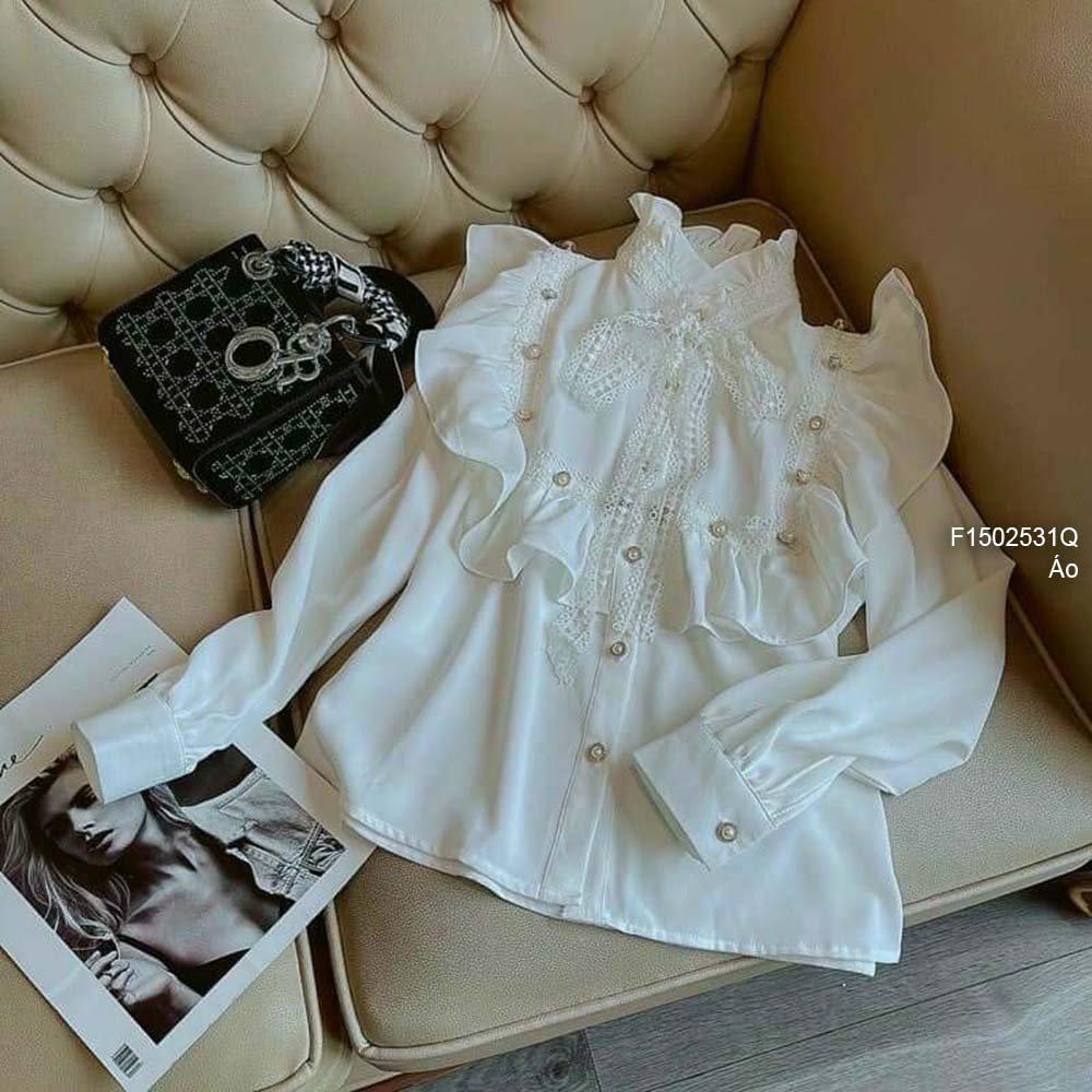 Áo sơ mi kiểu đính nút ngực phối bèo cổ thắt dây nơ tay dài!