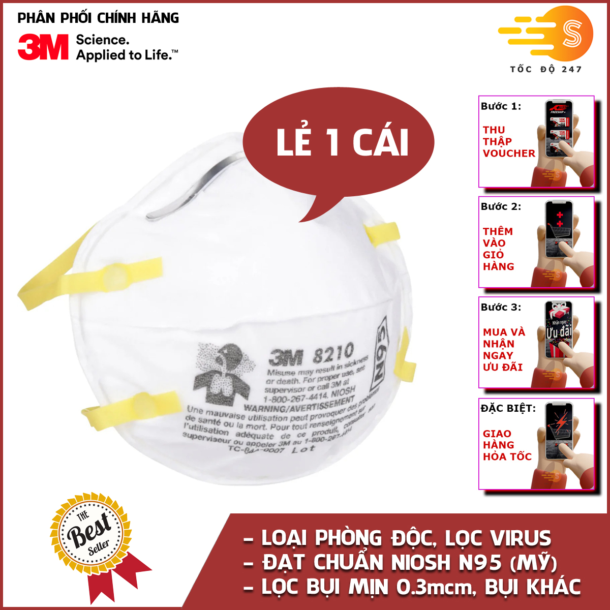 Khẩu trang chống bụi mịn 0.3 micromet và phòng độc chuẩn NIOSH N95 3M 8210 - chống lây lan virus, vi khuẩn, bảo vệ hô hấp