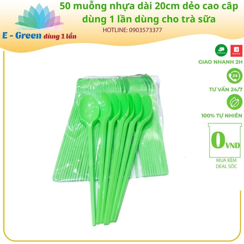 50 muỗng nhựa dài 20cm dẻo cao câp dùng 1 lần dùng cho trà sữa - E Green Dùng 1 Lần