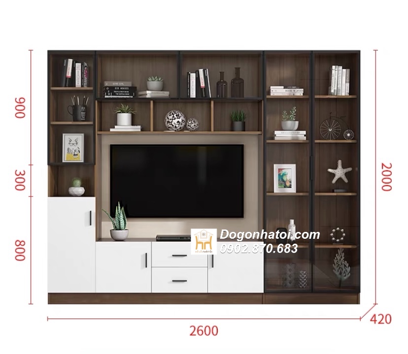 Kệ Tivi Kết Hợp Tủ Trang Trí Tường Cực Đẹp 2m X 2m6 - TR612