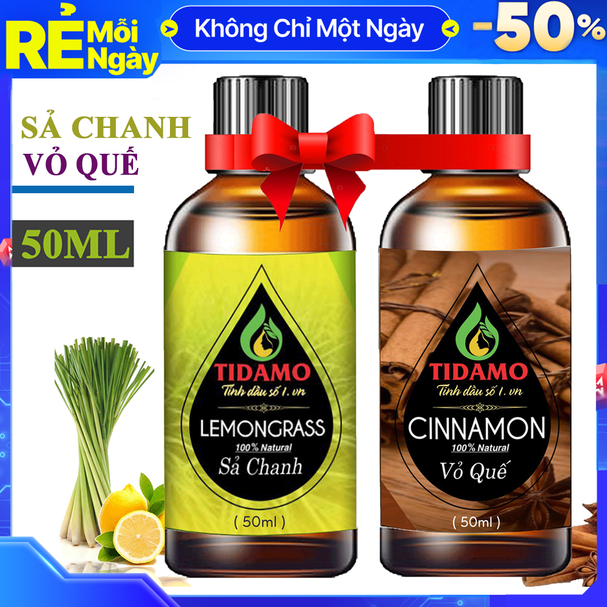 Combo 2 Tinh Dầu Sả Chanh 50ML + Tinh Dầu Vỏ Quế 50ML Nguyên Chất Nhập Khẩu - Tinh Dầu TIDAMO Xông Phòng Giúp Thư Giãn, Thơm Phòng, Bảo Vệ Sức Khỏe và Đuổi Muỗi