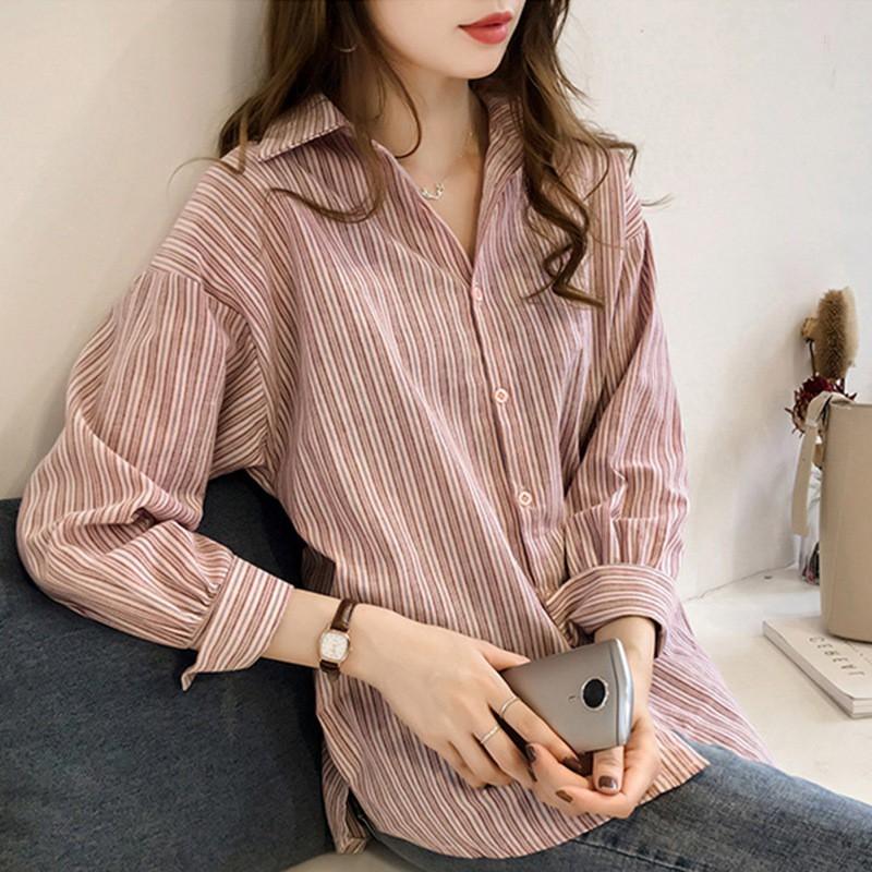 Áo sơ mi tay dài cổ bẻ dáng rộng họa tiết kẻ sọc size lớn trẻ trung thời trang
