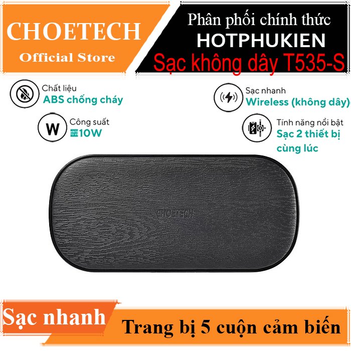 Đế sạc nhanh không dây 10W Qi sạc cùng lúc 2 thiết bị cho điện thoại và cho Airpods 2 hiệu CHOETECH HPK-T535-S hỗ trợ công suất lên tới 10W, 5 cuộn cảm, công nghệ bảo vệ sạc thông minh - hàng nhập khẩu