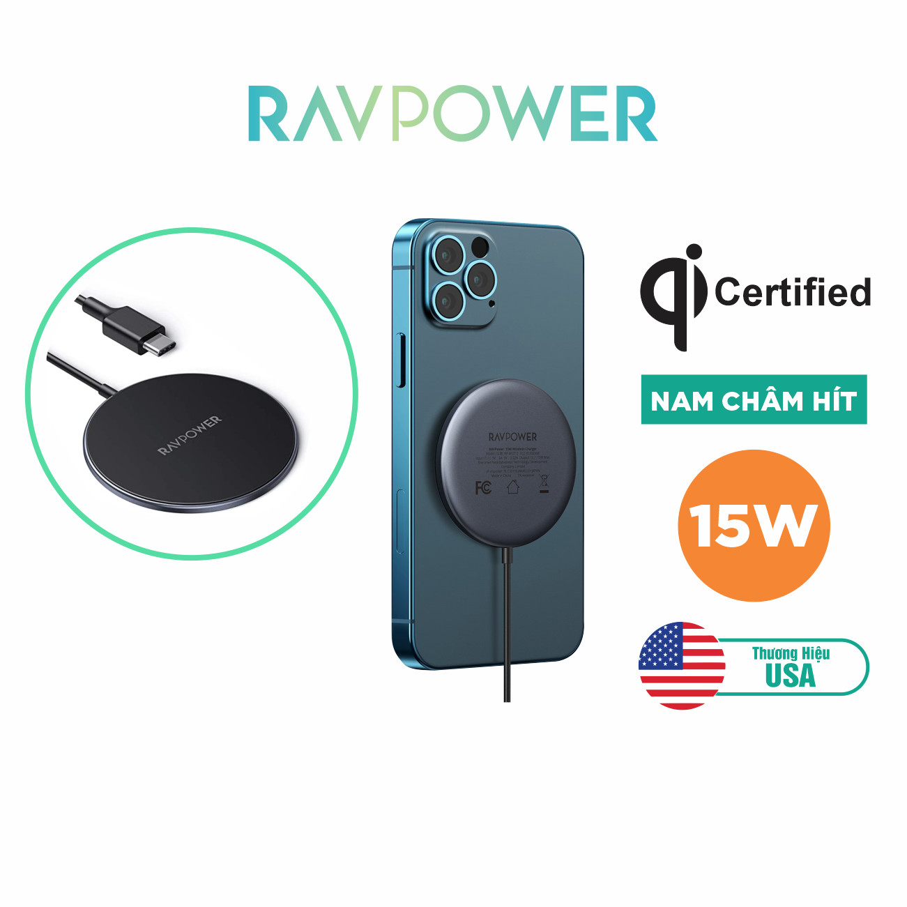 Đế Sạc Không Dây Mag.Safe Nam Châm Hít 15W RAVPower RP-WC012 Dành Cho iPhone 14, Cho iPhone 13, Cho iPhone 12 - Hàng Chính Hãng