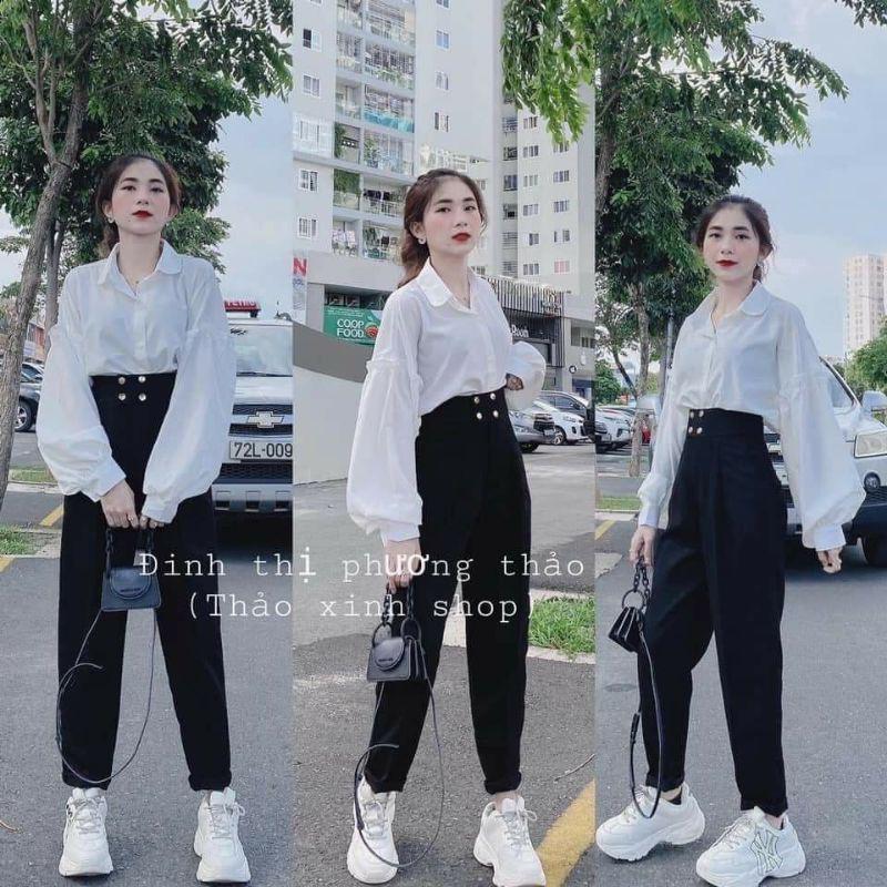Quần baggy đính khuy,quần baggy nữ lưng cao 4 khuy