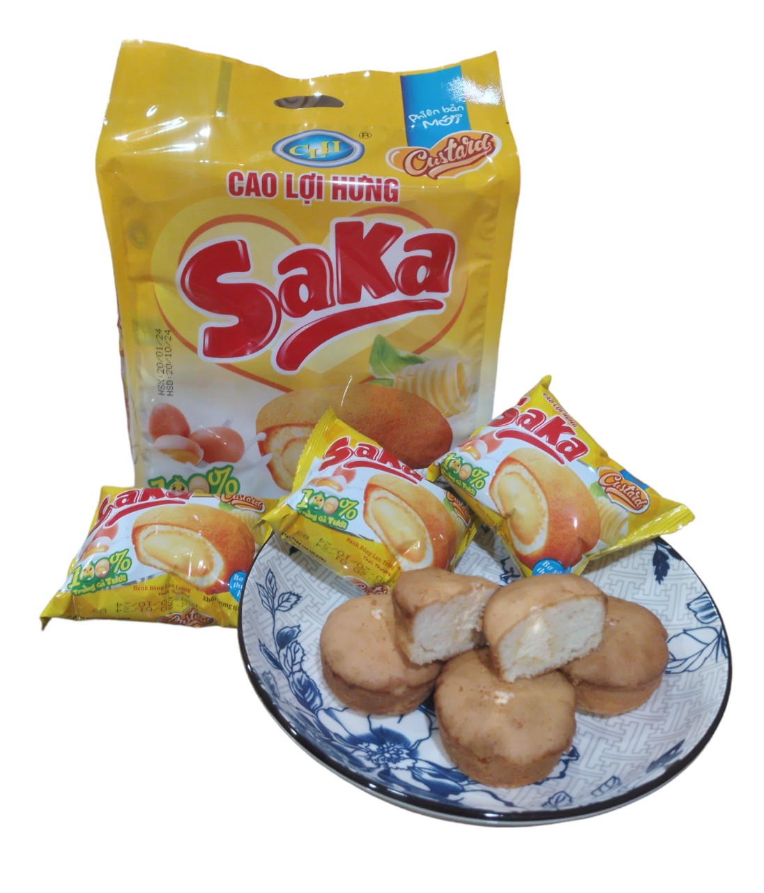 Bánh bông lan Custard Bơ Sữa Saka 100% từ trứng gà tươi (10 cái x 17g)