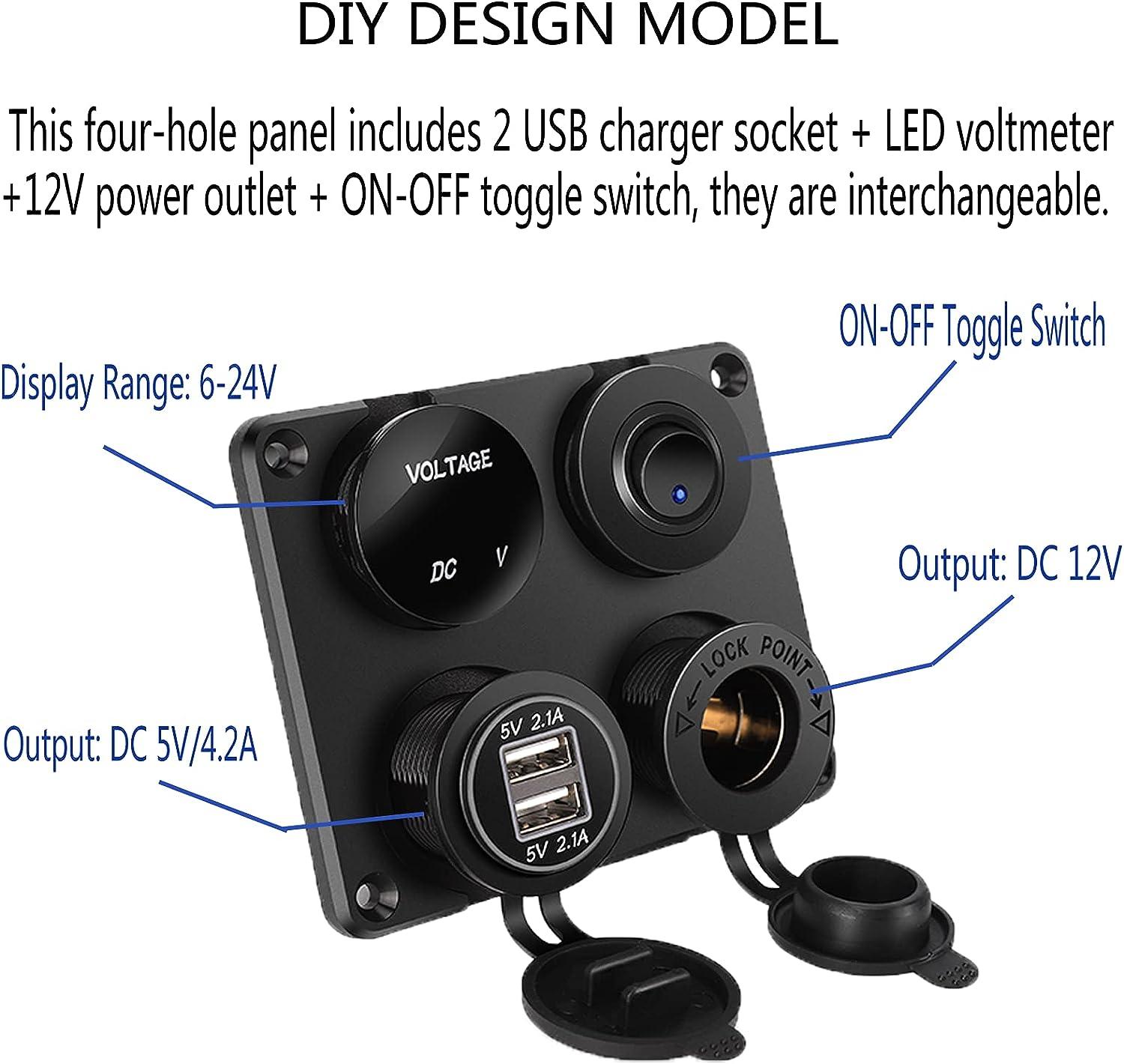 Bảng Công Tắc Sạc Xe Hơi 4 Trong 1, Chức Năng Sạc USB Kép + Vôn Kế LED + Công Tắc Bật/Tắt + Ổ Cắm Cho Tàu Biển