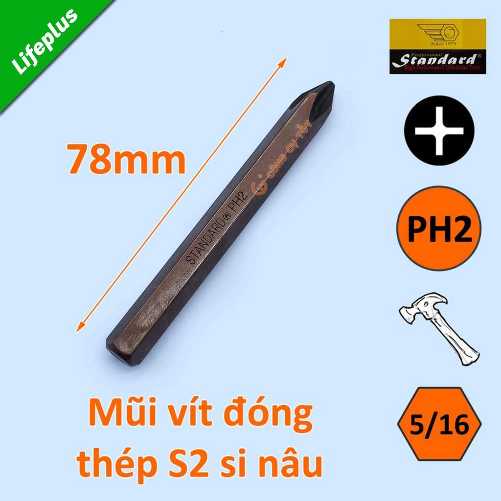 Vỉ 10 mũi vít đóng 4 cạnh PH2 Standard si nâu dài 78mm