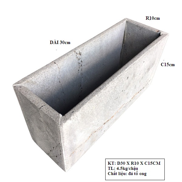 Chậu hình chữ nhật dài 30cm trồng cây treo tường, ốp tường ban công treo giếng trời bằng đá ong xám KT S10xC15xD30cm