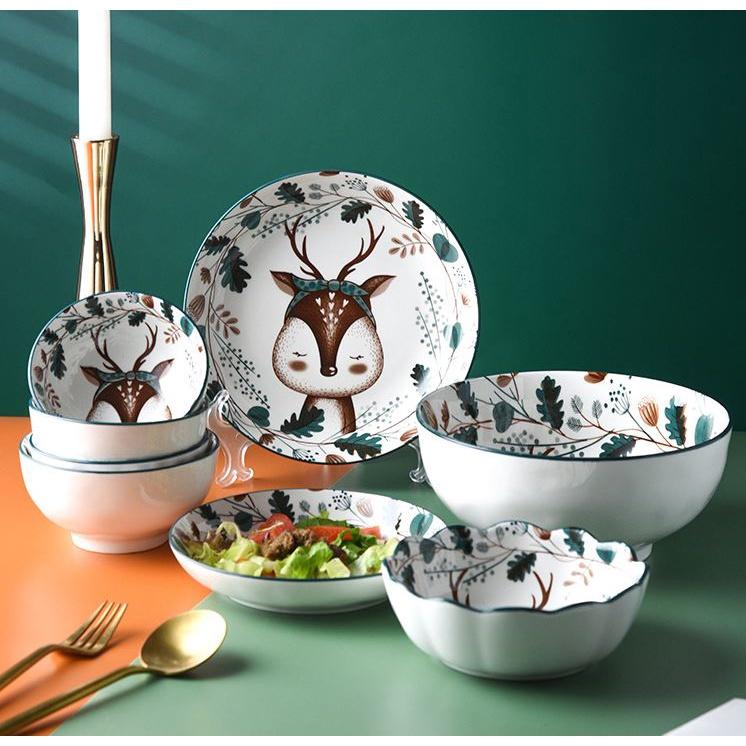 Bộ chén bát ăn cơm, đĩa khay gốm sứ Nai decor cao cấp