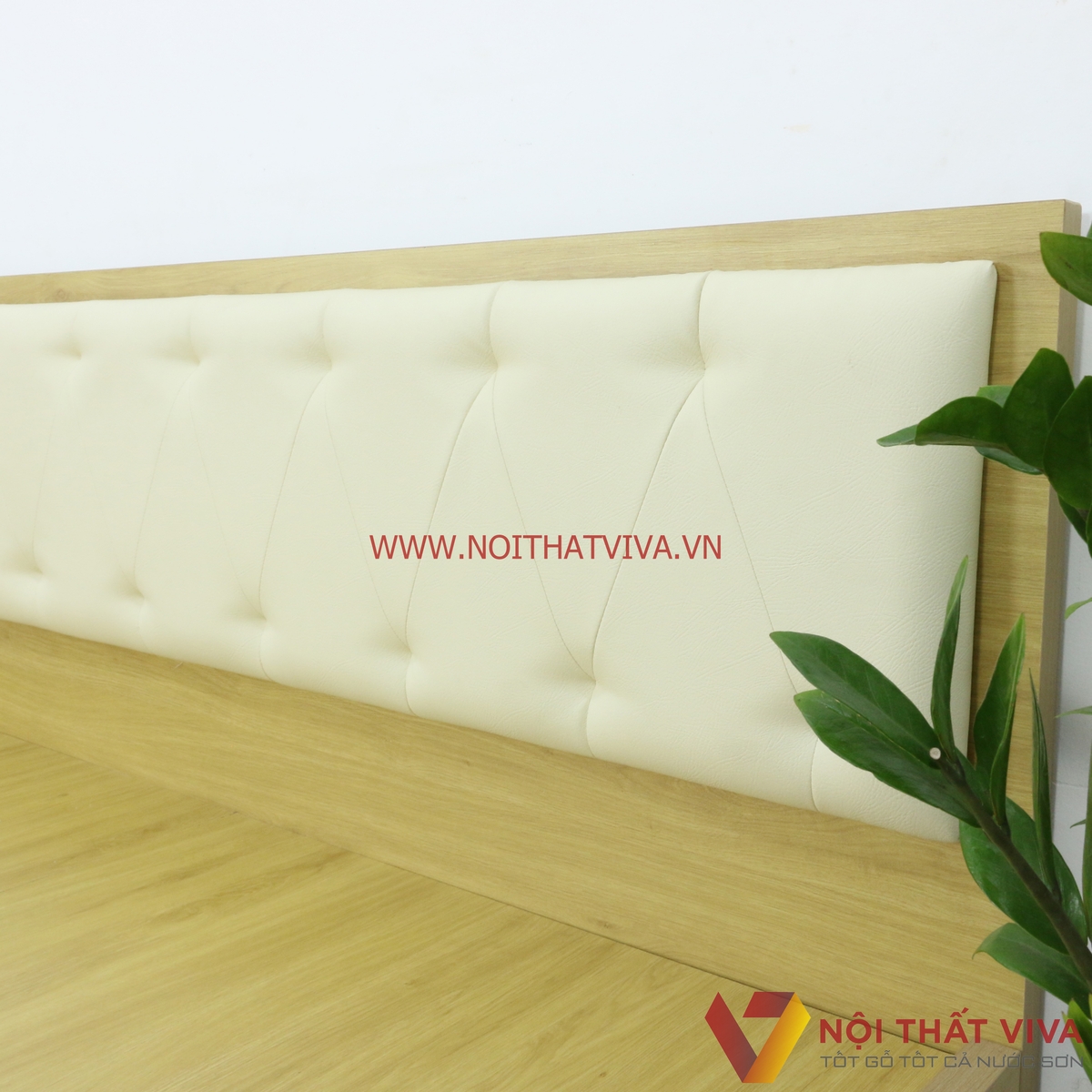Giường Ngủ Gỗ Mdf Phủ Melamine Bọc Nệm Chân Cao Màu Kem