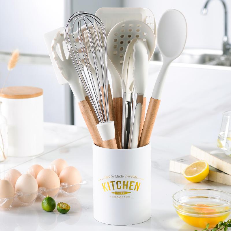Màu Trắng Sữa Nấu Ăn Bộ Dụng Cụ Chống Nhiệt Độ Cao Không Dính Silicone Vật Dụng Nhà Bếp Bộ Nồi Đồ Dùng Nhà Bếp Mới Nhất