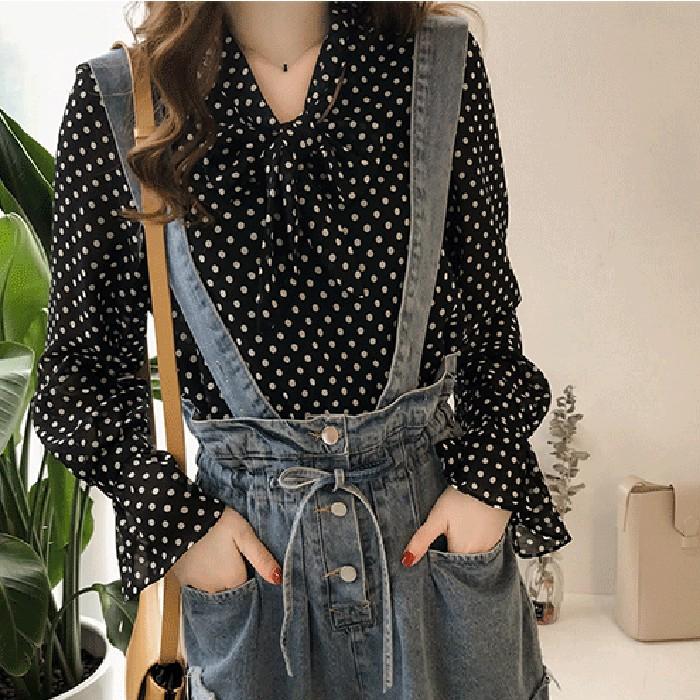 Áo sơ mi nữ chấm bi cổ thắt nơ, hàng nhập Quảng Châu