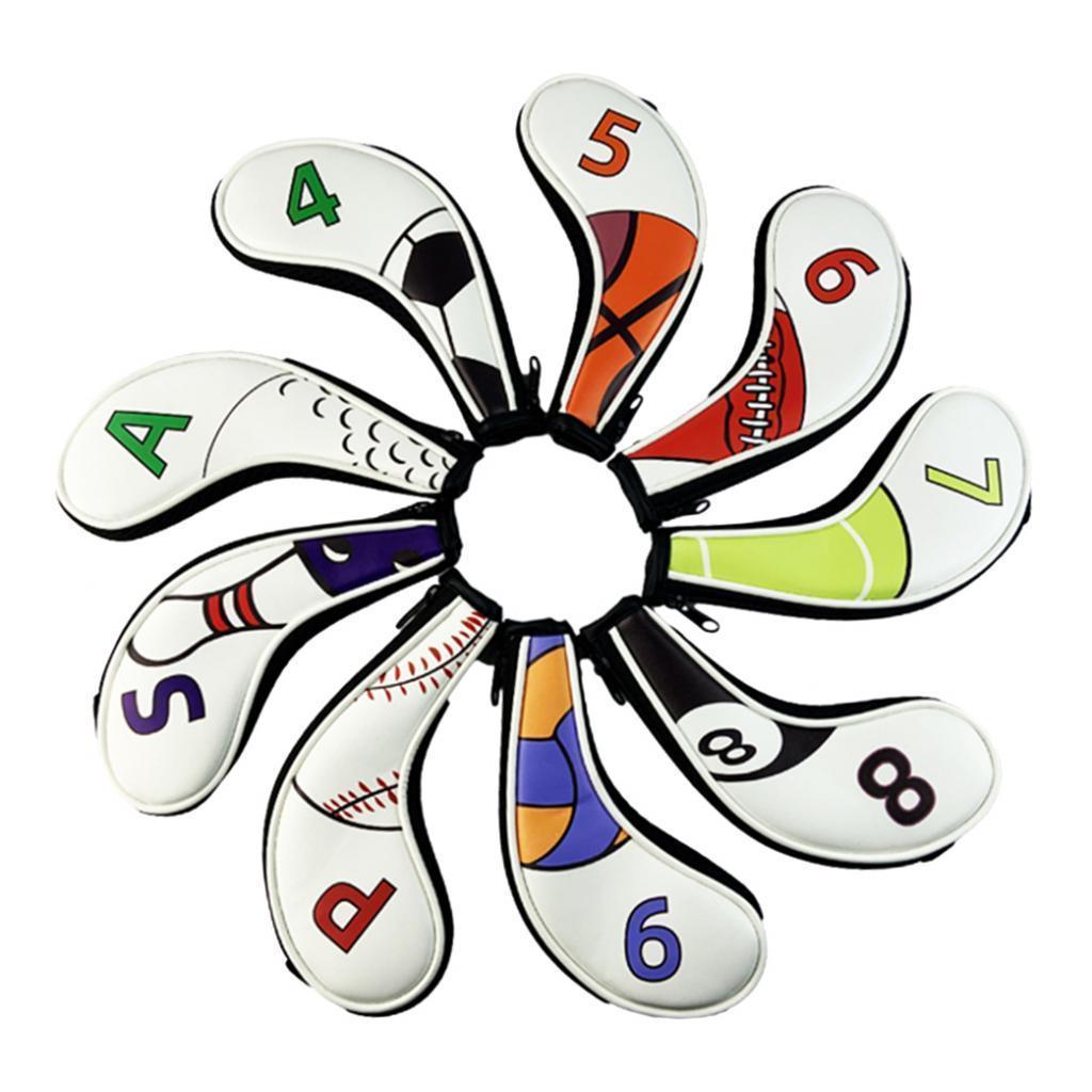 9pcs Waterproof Golf Club Covers PU Leather Headcover Iron Protector Guard