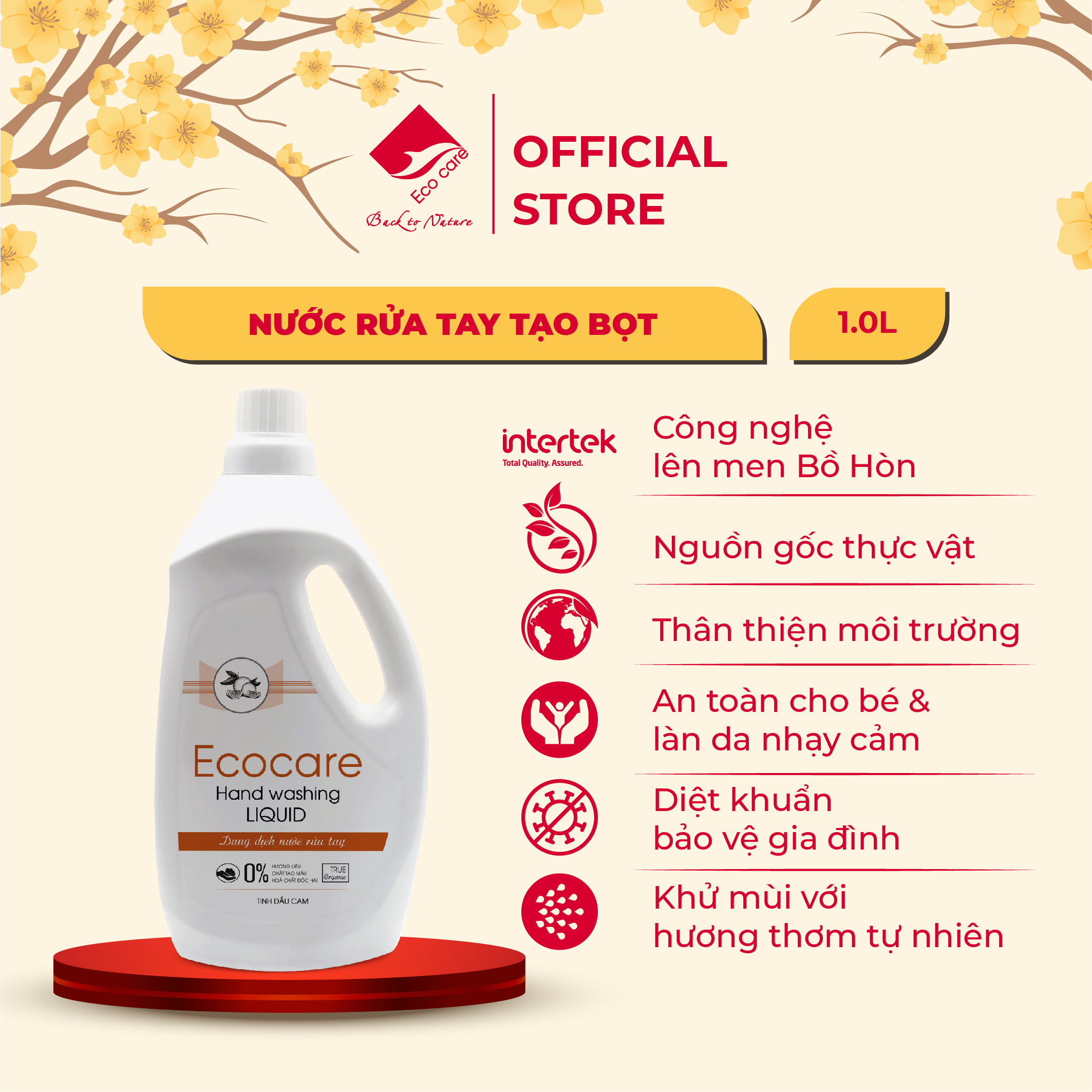 Nước rửa tay hữu cơ diệt khuẩn dạng bọt hương Cam 1000ml thương hiệu Ecocare ( tặng kèm vỏ tạo bọt)