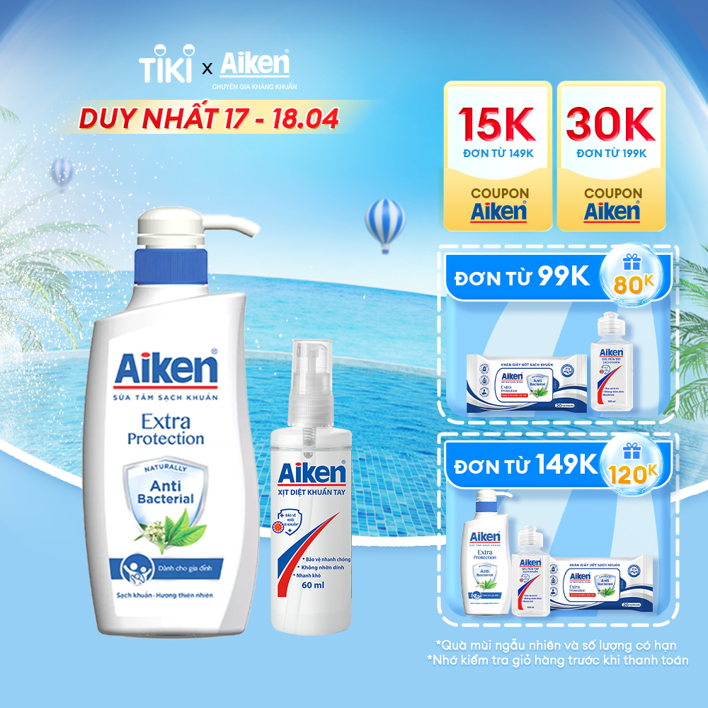 Aiken Sữa Tắm Trà Xanh/Bạc Hà 350g + Xịt Diệt Khuẩn 60ml