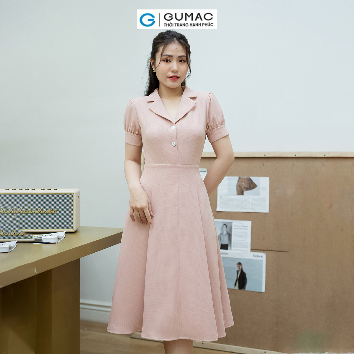 Đầm A xòe tay phồng GUMAC DD08048