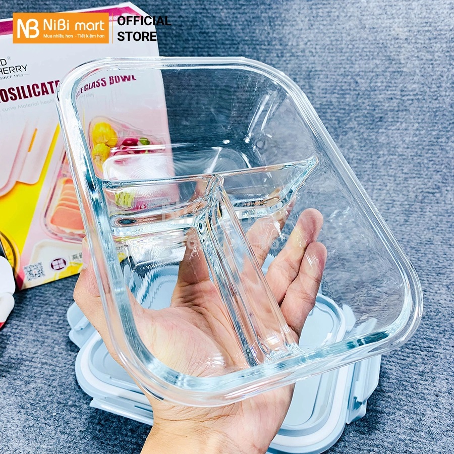 Hộp đựng cơm văn phòng bằng thủy tinh 1000ml 3 ngăn chống tràn dùng cho lò vi sóng