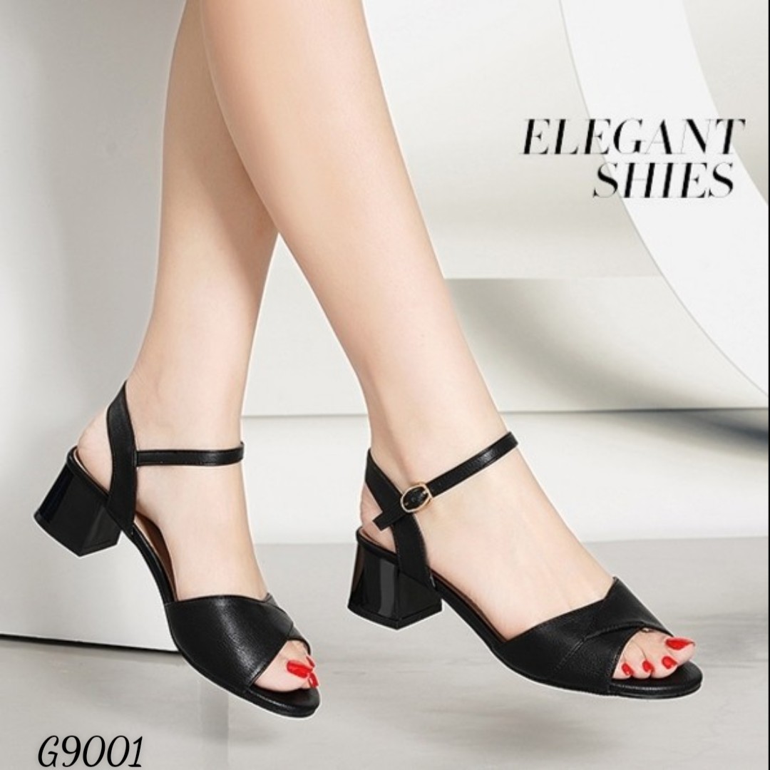 Giày sandal đế xuồng nữ 5cm,giày xăng-đan da cao gót quai ngang gót cao 5 phân kem đen siêu nhẹ