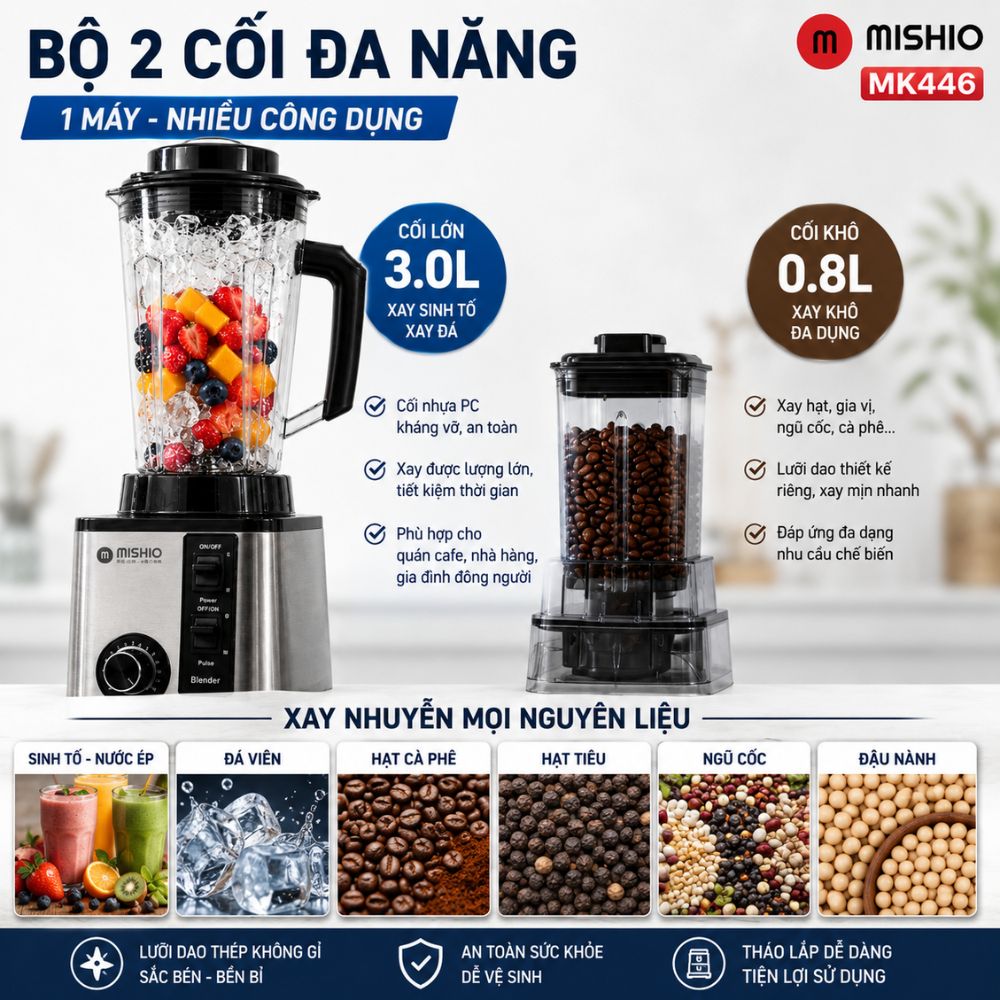 Máy Xay Sinh Tố Công Nghiệp Đa Năng Mishio MK446 (3.0L) - Công Suất 800W - hàng chính hãng