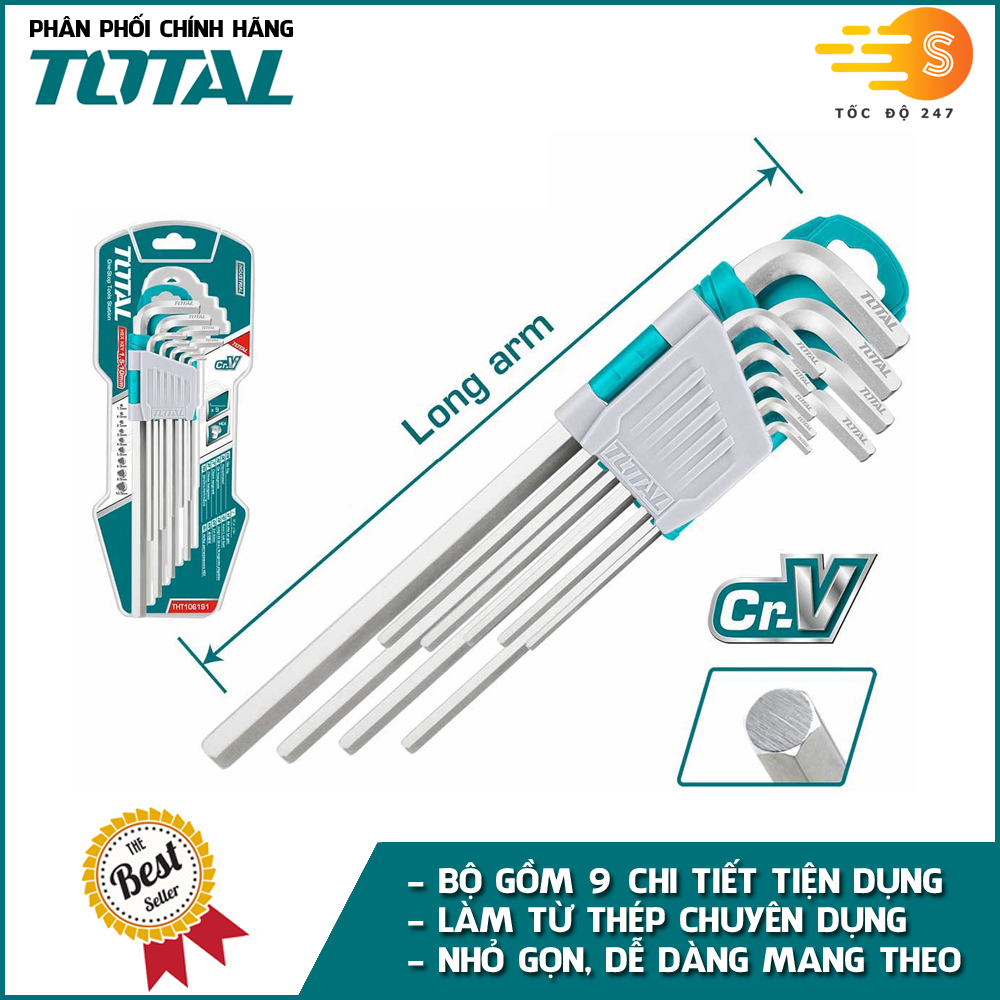 Bộ 9 chìa lục giác 1.5mm - 10mm đa năng TOTAL THT106191 - Nhỏ gọn, chất liệu thép chuyên dụng CR-V, dễ dàng bỏ túi mang theo