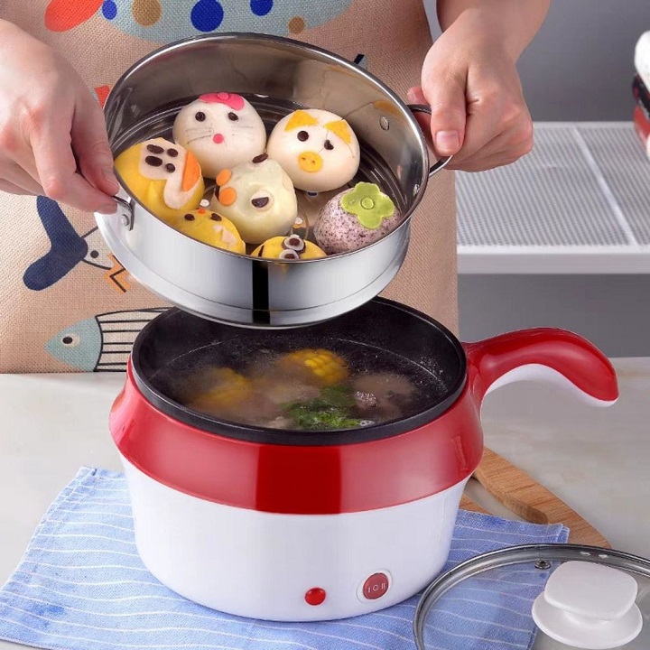 Ca Nấu Mì, Nồi Nấu Lẩu Đa Năng Siêu Tốc Hàng chính hãng/nhập Khẩu Electric Cooking Pot 18cm, Lồng chống dính, khay hấp Inox, Có Tay Cầm Tiện Dụng ( Giao Màu Ngẫu Nhiên )