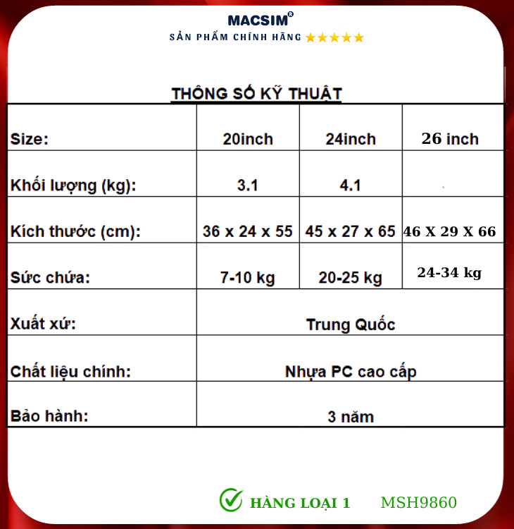 Vali cao cấp Macsim Hanke MSH9860 màu trắng 26 inch- Hàng loại 1