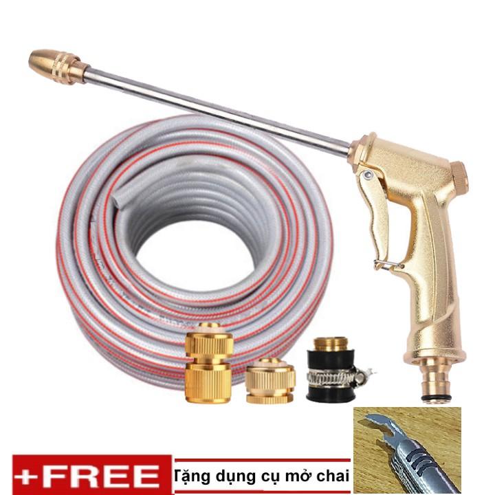 Bộ dây vòi xịt nước rửa xe, tưới cây, tăng áp 3 lần, loại 20m 206701-3 đầu đồng,cút đồng+tặng mở chai