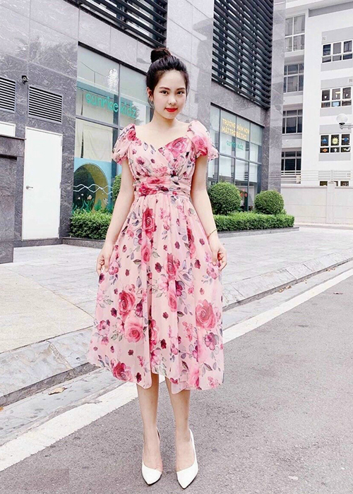 Đầm Xòe Tay Phồng Lụa Cao Cấp In Hoa Thời Trang