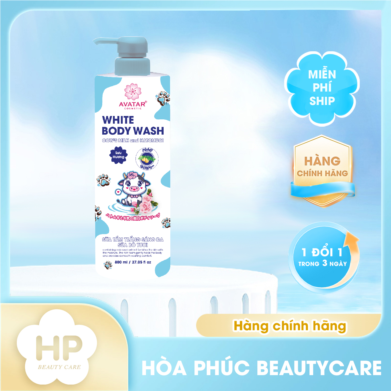 Sữa Tắm Trắng Sáng Da Sữa Bò Tươi Avatar White Body Wash 800ml