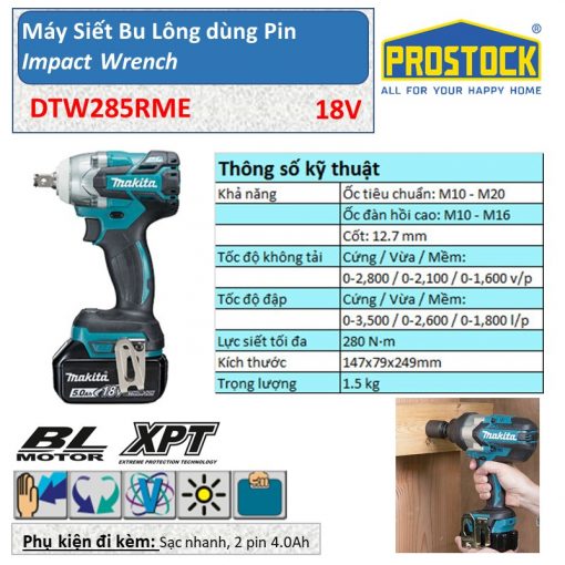 Máy Siết Bu Lông dùng Pin MAKITA DTW285RME 18V (Pin và Sạc)