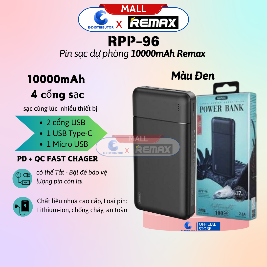 Pin sạc dự phòng 10000mah Remax RPP-96 - Hàng Chính Hãng - Bảo Hành 12 Tháng