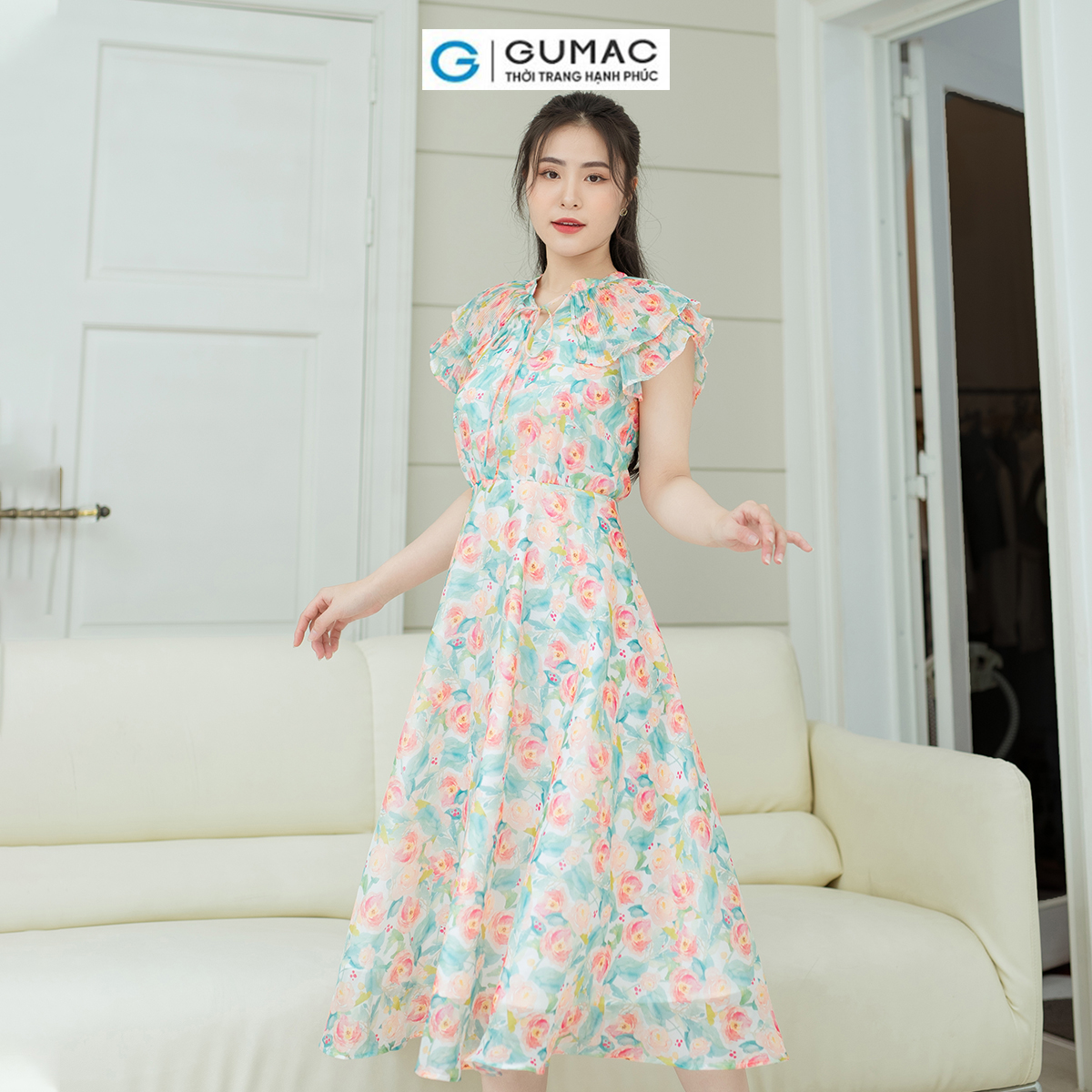 Đầm xòe phối dập ly GUMAC DD08060