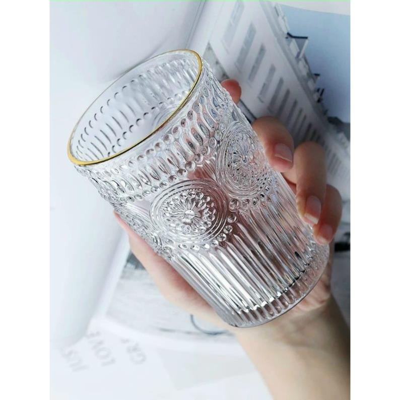 Ly thủy tinh hoa văn 360ml viền vàng họa tiết mặt trời - Mã 80125VV
