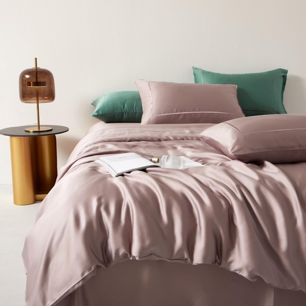 Bộ chăn ga gối cao cấp 100%Tencel 100s, Hồng thêu phối đẳng cấp, chất liệu siêu mềm mát mịn