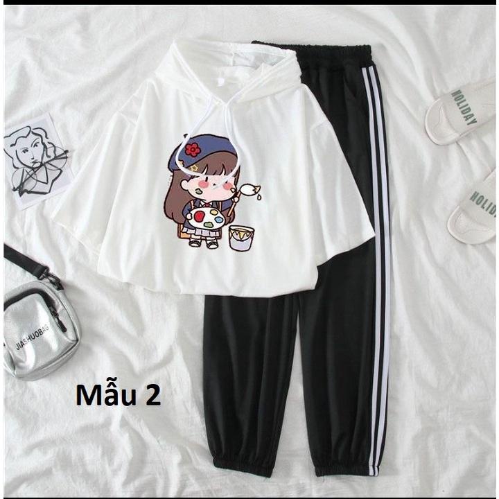 Set bộ áo thun có mũ kèm quần bo đen hình các bé động vật xinh xắn