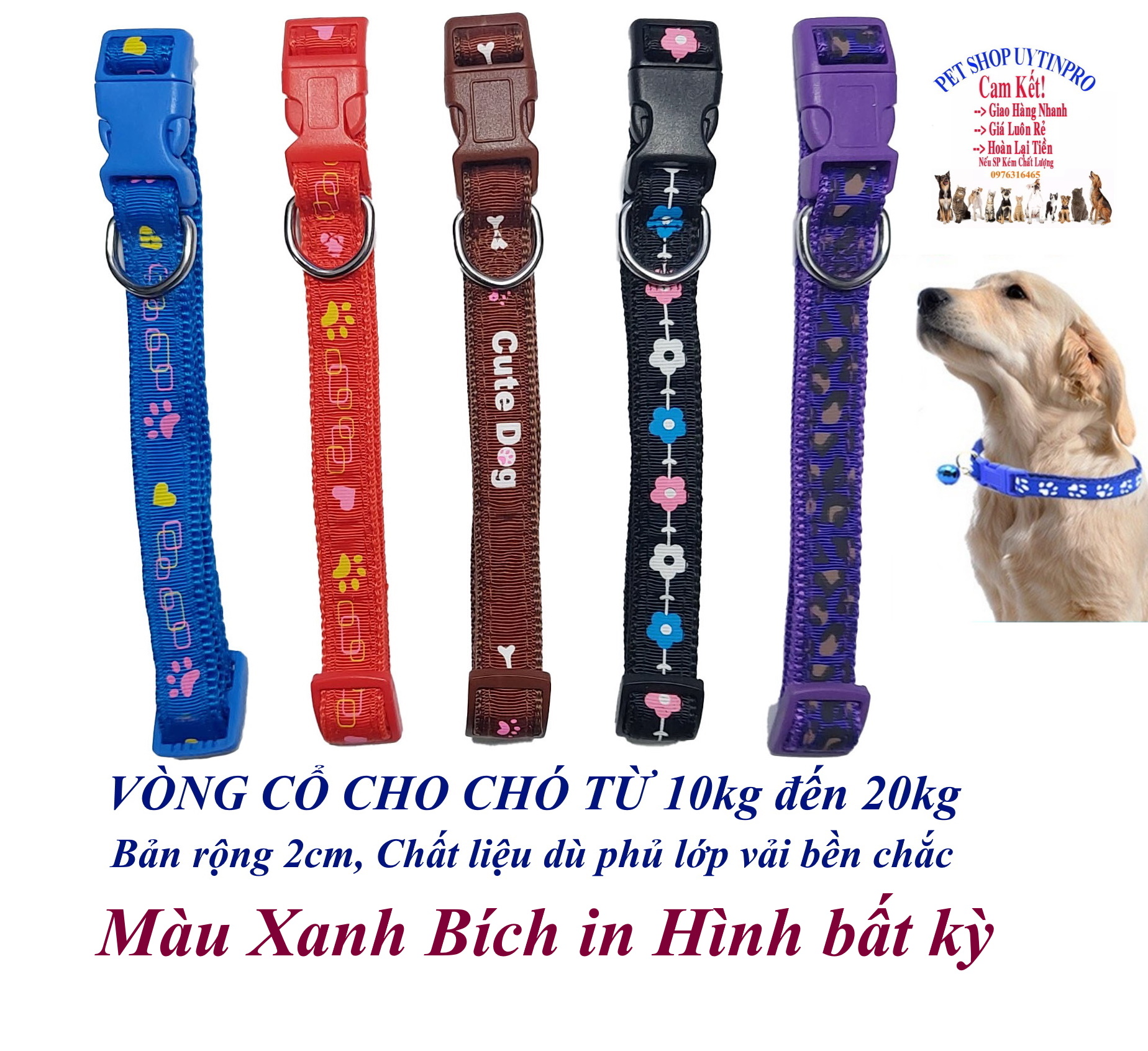 Vòng cổ cho Chó Mèo Từ 10kg đến 20kg Bản rộng 2cm In hình bất kỳ Chất liệu dù phủ lớp vải bền chắc, dễ chịu khi đeo