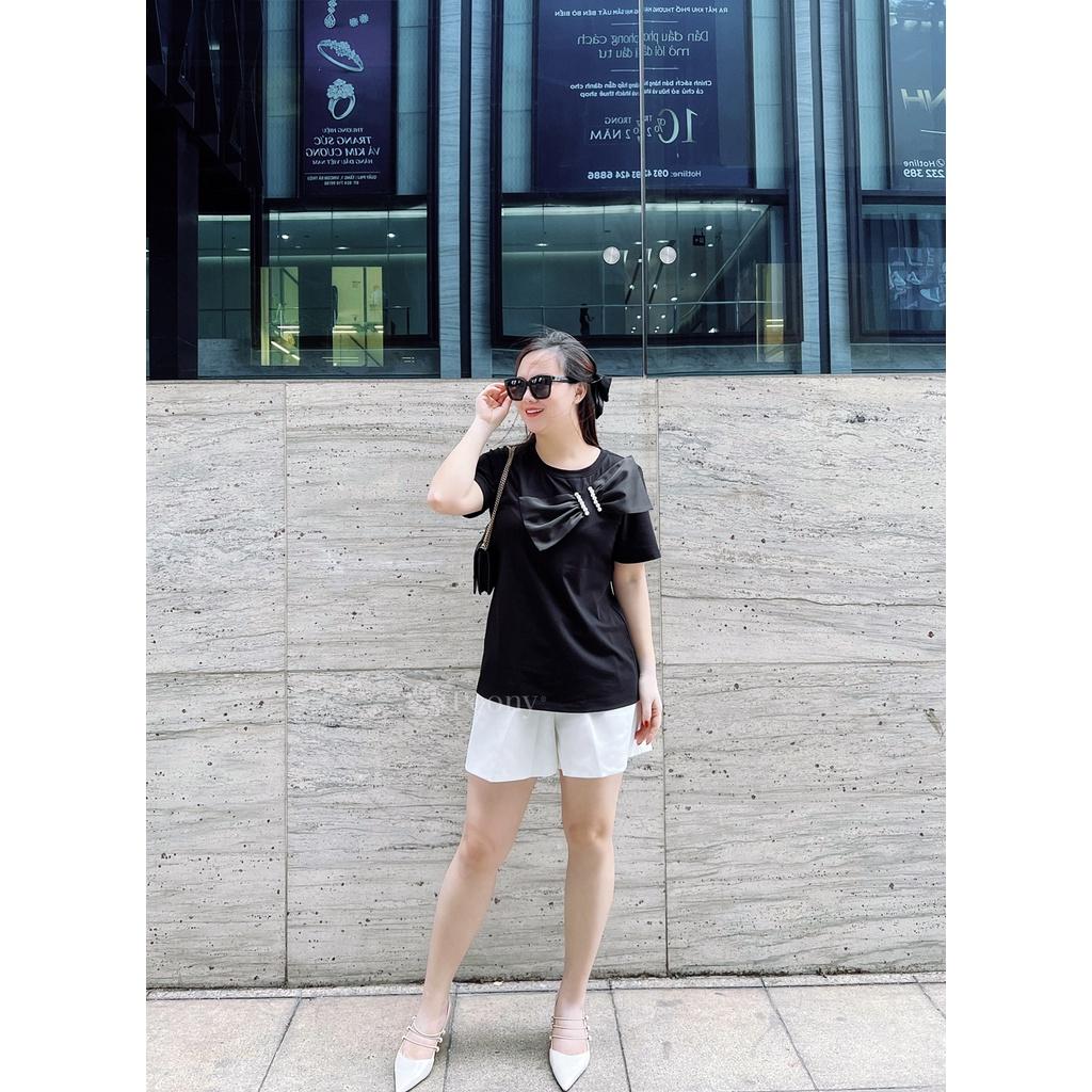 Áo thun kiểu nơ lụa thêu trai trẻ trung, nữ tính, trendy, dáng rộng - Peony