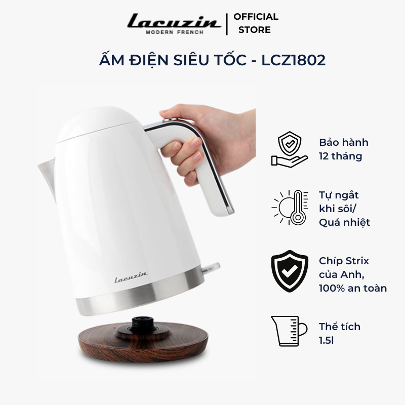 Ấm điện đun nước siêu tốc hai lớp cách nhiệt 1,5L Lacuzin - LCZ1802