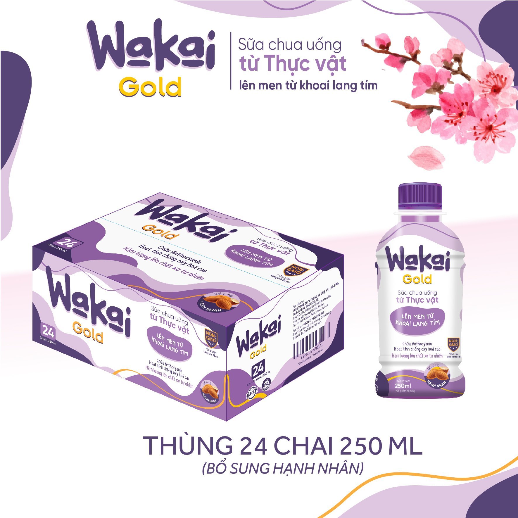 Thùng 24 Chai Sữa Chua Uống từ Thực Vật Wakai Gold (250ml x 24 Chai)