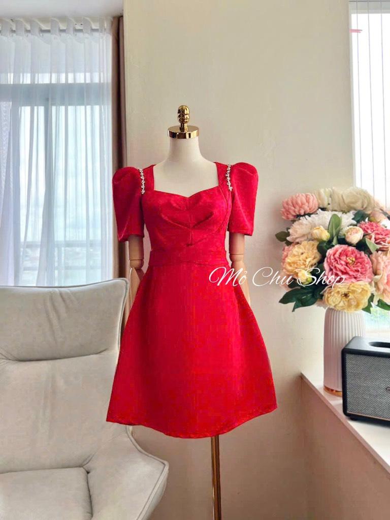 Đầm xòe tay phồng viền đá chéo eo
